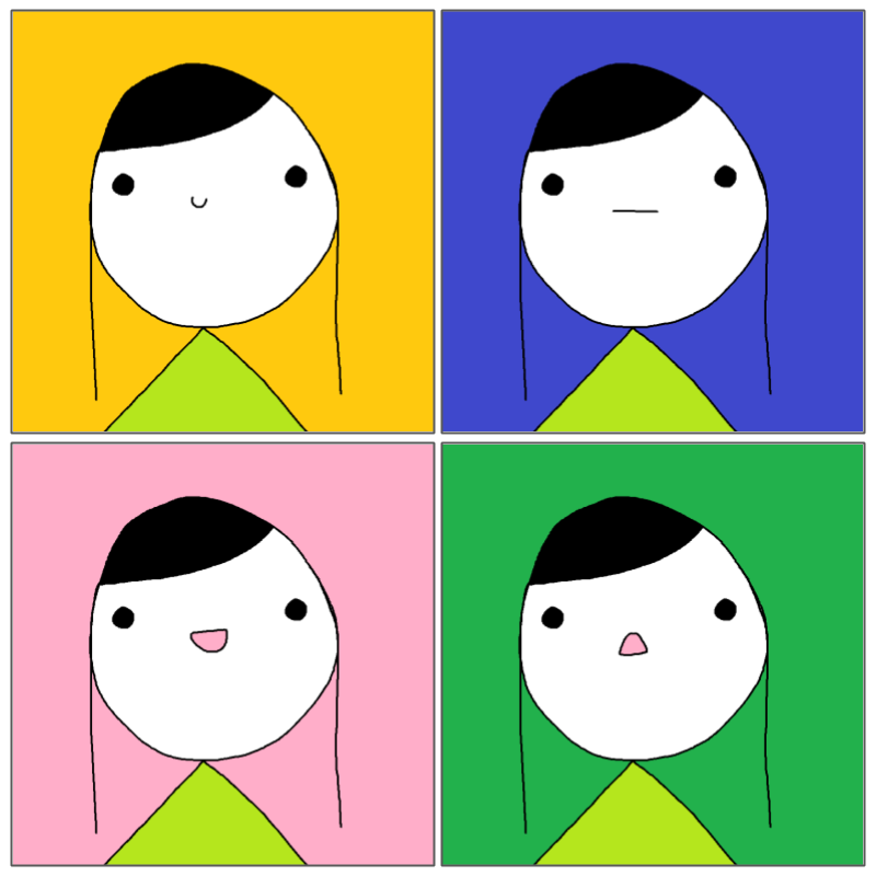 4 panel comic. In the top left panel, Tingker Bell's face is at the forefront with a cute smile on a yellow background. In the top right panel, Tingker Bell's face is at the forefront with a straight mouth on a blue background. In the bottom left panel, Tingker Bell's face is at the forefront with a big smile on a pink background. In the bottom right panel, Tingker Bell's face is at the forefront with a shocked expression on a green background.