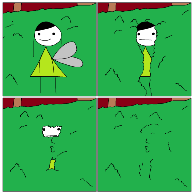 4 panel comic. In the top left panel, Tingker Bell is standing outside a hedge. In the top right panel, Tingker Bell is slighting into the hedge. In the bottom left panel, Tingker Bell is inside the hedge with only their face and belly visible. In the bottom right panel, Tingker Bell is completely immersed in the hedge.